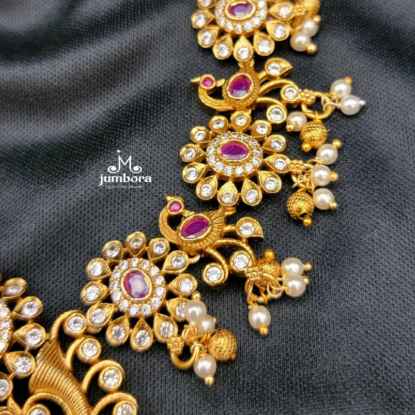 Matte Gold Red & White AD Zircon Guttapusalu Necklace set