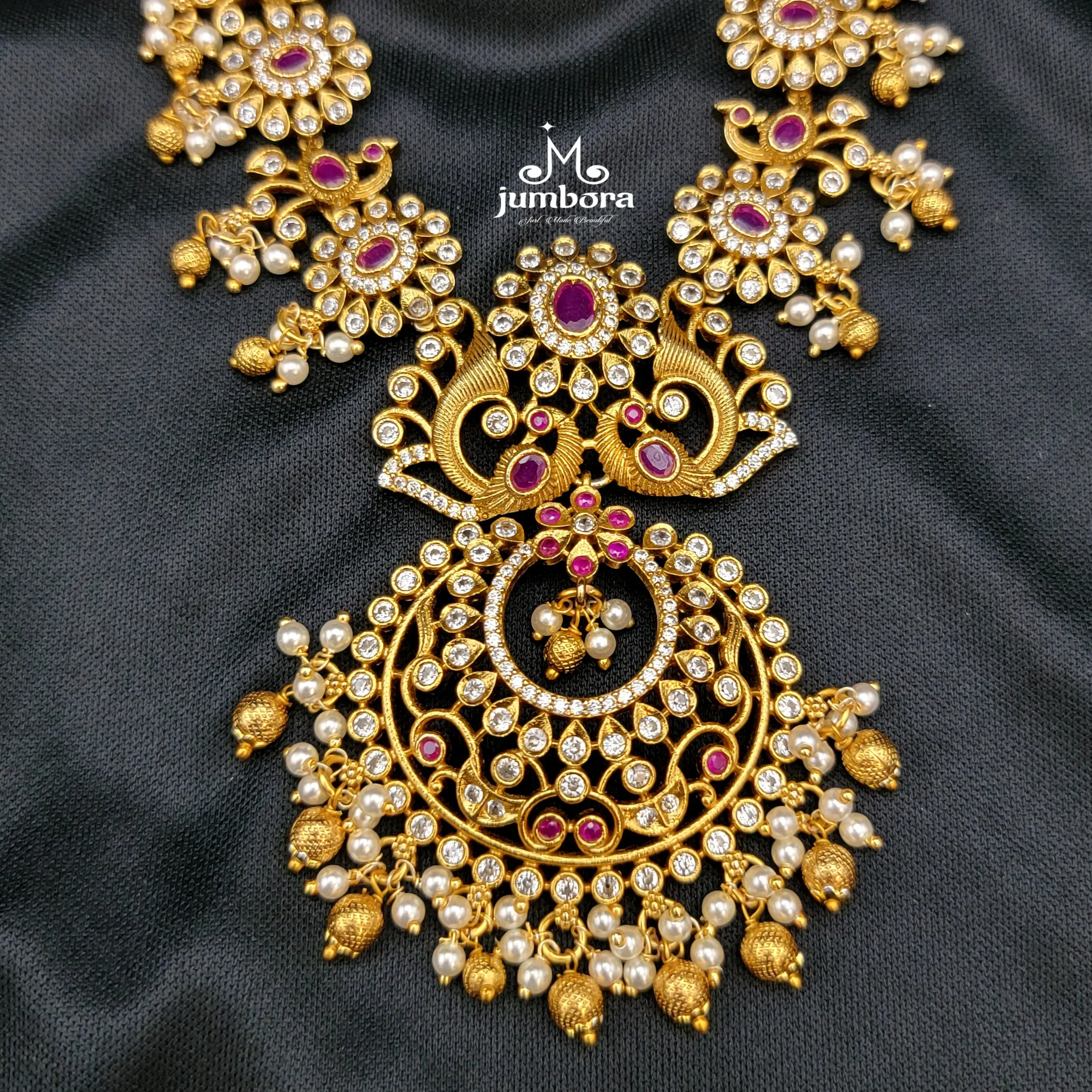 Matte Gold Red & White AD Zircon Guttapusalu Necklace set