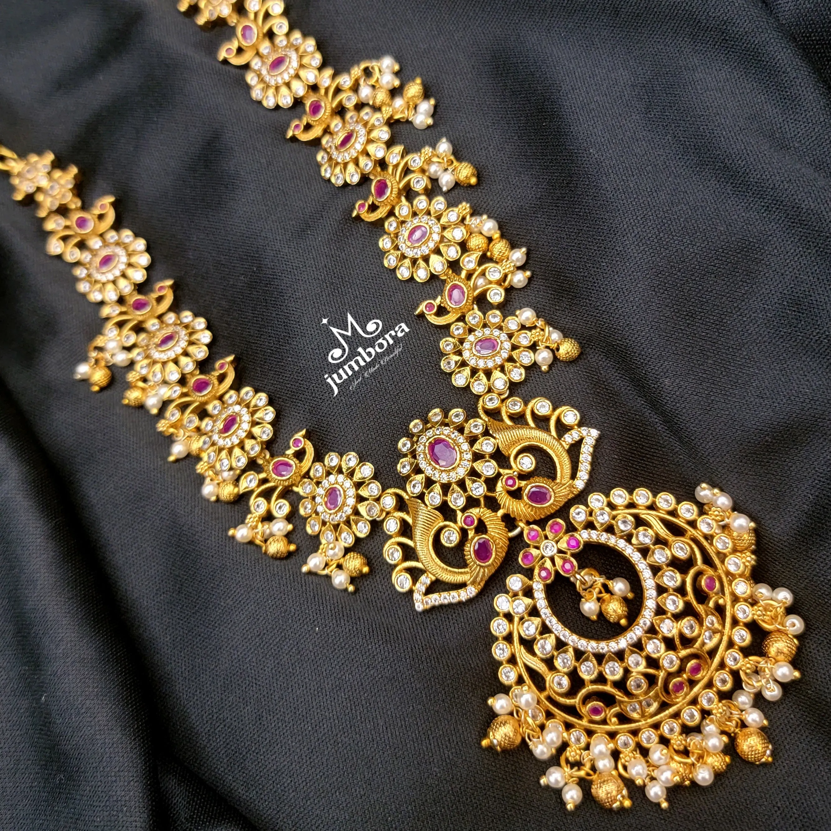 Matte Gold Red & White AD Zircon Guttapusalu Necklace set