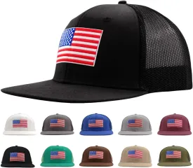 Men's American Flag Trucker Hat(M,L,XL,XXL),Adjustable Snapback Mesh Flat Brim Baseball Caps