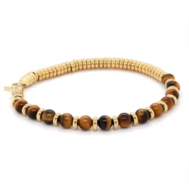 MEN'S GOLD ION PLATED STEEL BRACELET WITH TIGER EYE GEMS