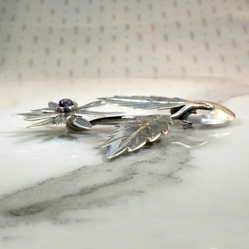 Mexican Silver & Amethyst Flower Brooch