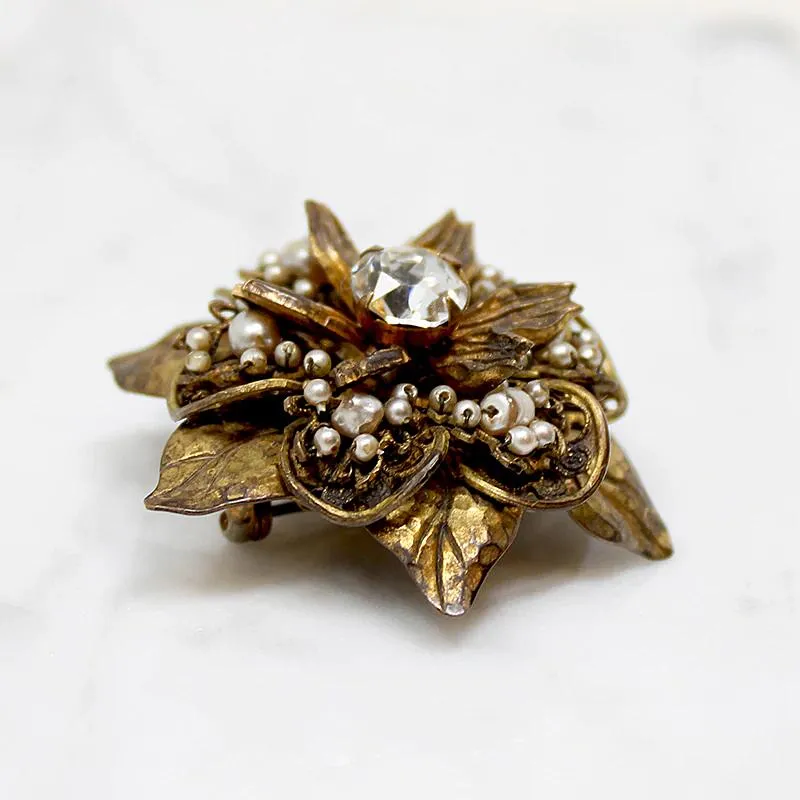 Miriam Haskell Brass Filigree Flower Brooch