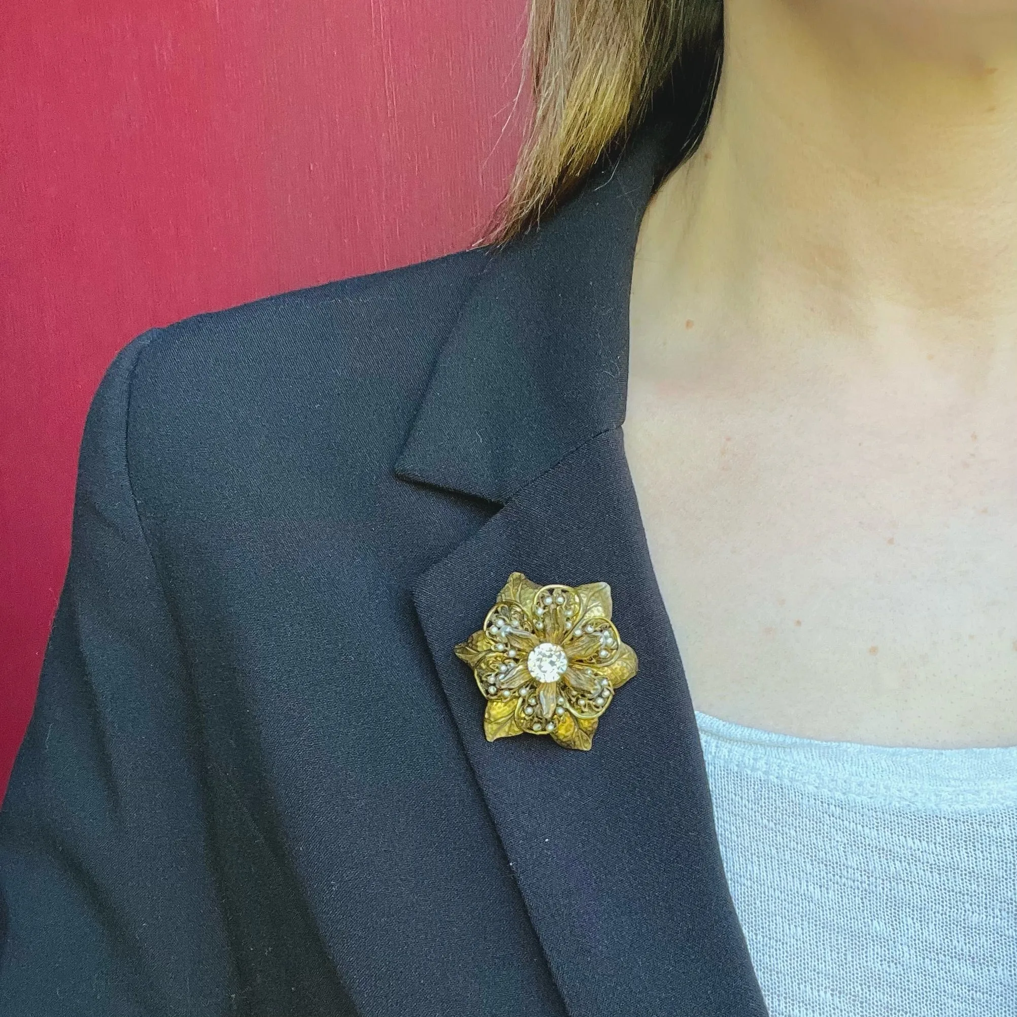 Miriam Haskell Brass Filigree Flower Brooch