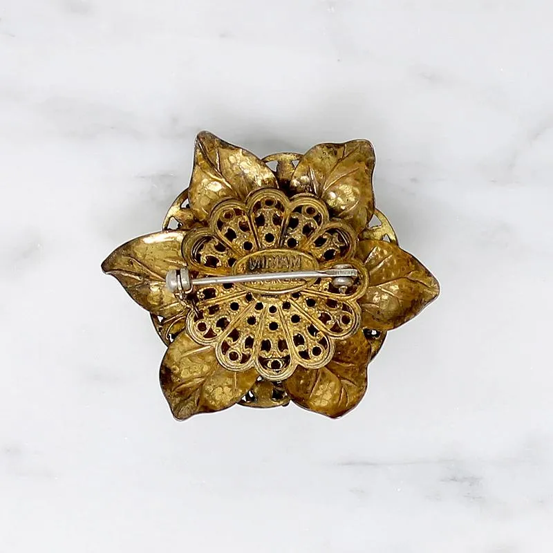 Miriam Haskell Brass Filigree Flower Brooch