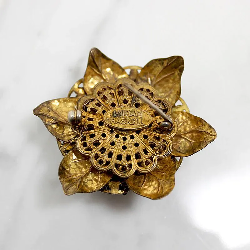 Miriam Haskell Brass Filigree Flower Brooch