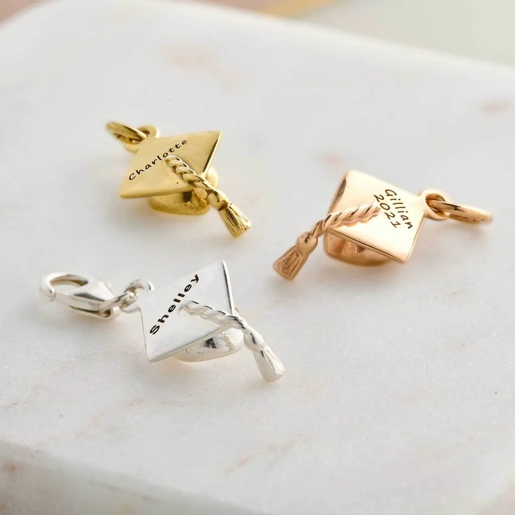 Mortar Board Graduation Cap Personalised Silver Charm