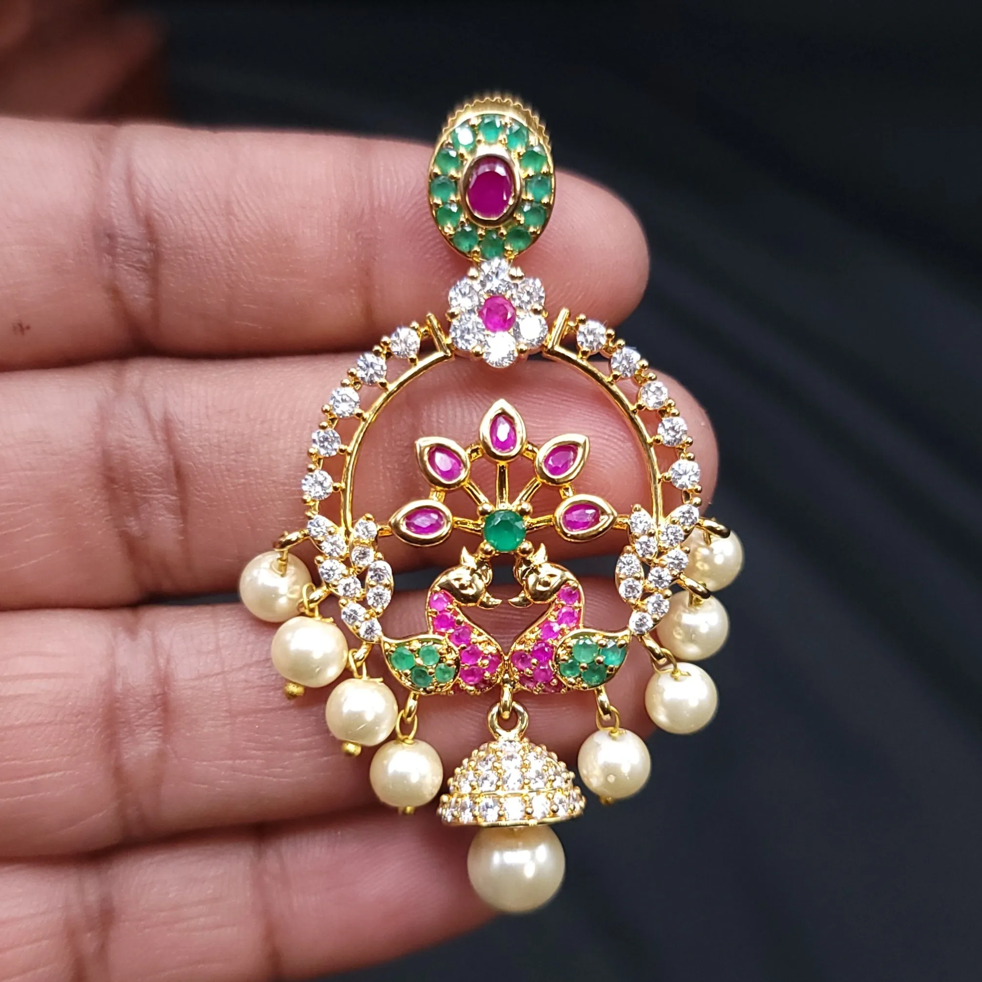 Multicolor Peacock Zircon (CZ) Stone Necklace set with Pearls