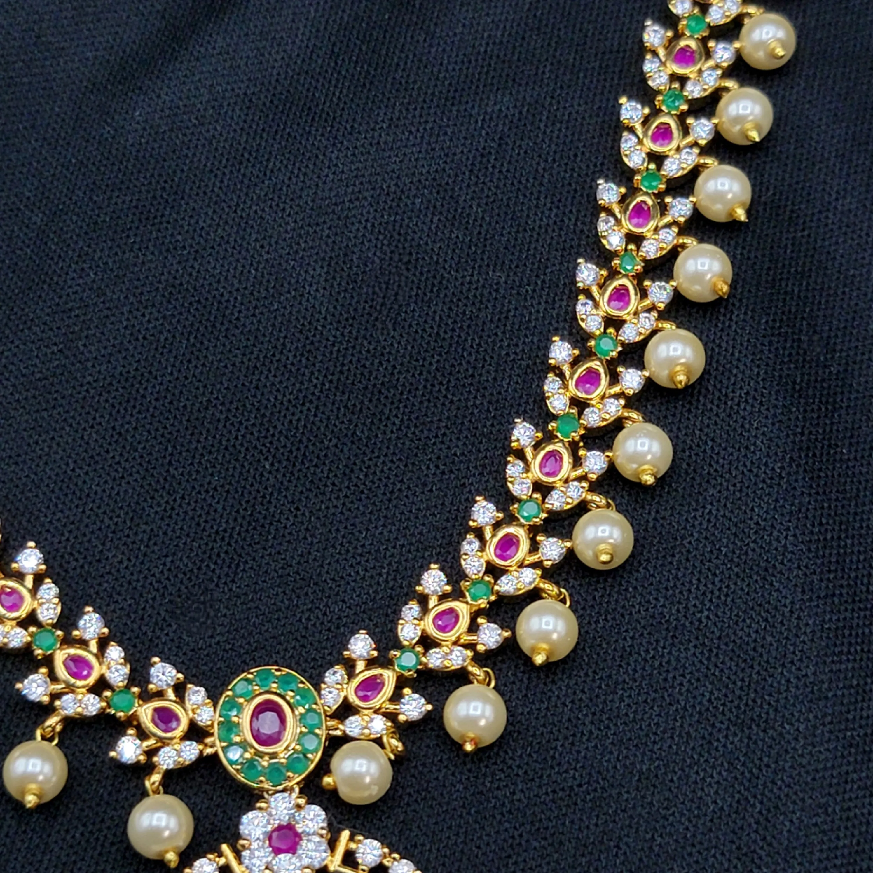 Multicolor Peacock Zircon (CZ) Stone Necklace set with Pearls