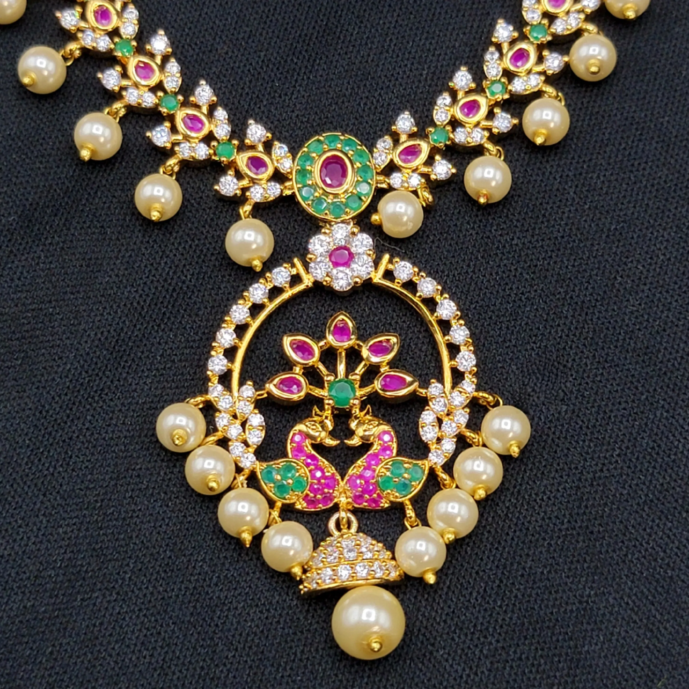 Multicolor Peacock Zircon (CZ) Stone Necklace set with Pearls