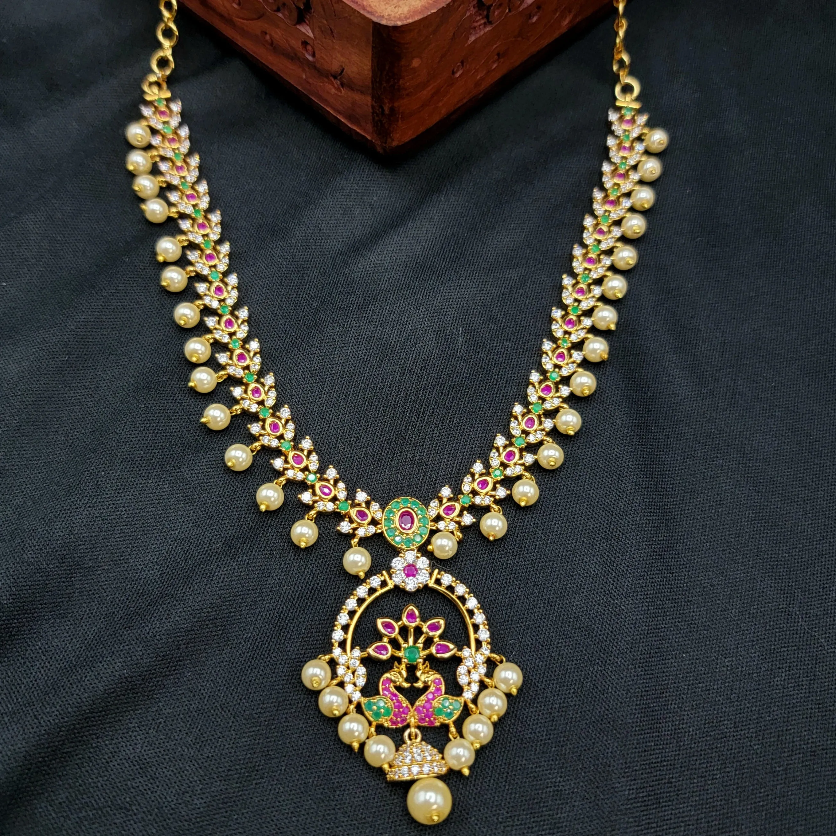 Multicolor Peacock Zircon (CZ) Stone Necklace set with Pearls