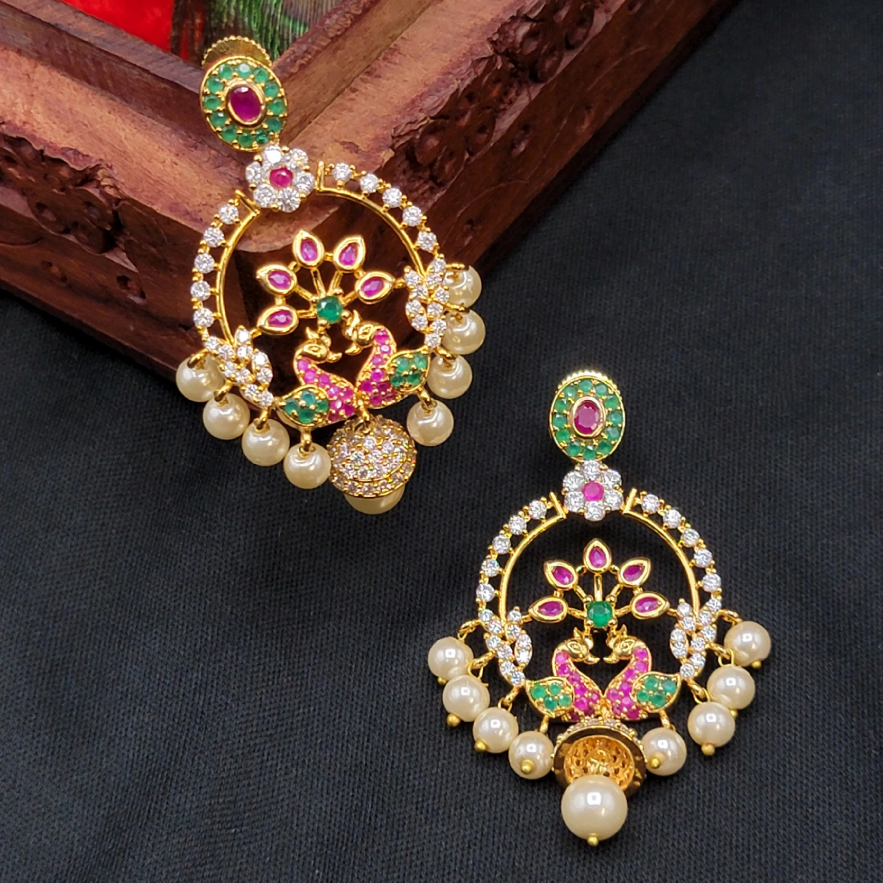 Multicolor Peacock Zircon (CZ) Stone Necklace set with Pearls