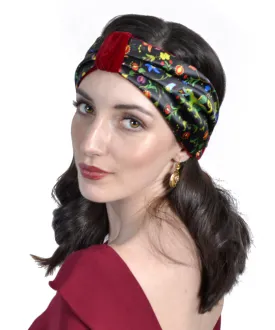 Mythical Dragons. Printed satin & silk-velvet headband - BURGUNDY version