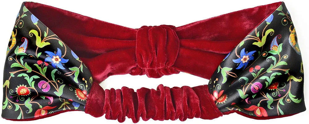 Mythical Dragons. Printed satin & silk-velvet headband - BURGUNDY version