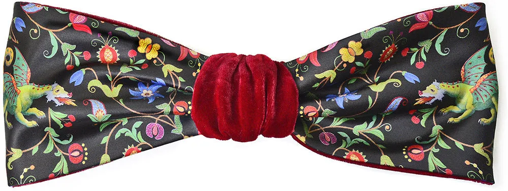 Mythical Dragons. Printed satin & silk-velvet headband - BURGUNDY version