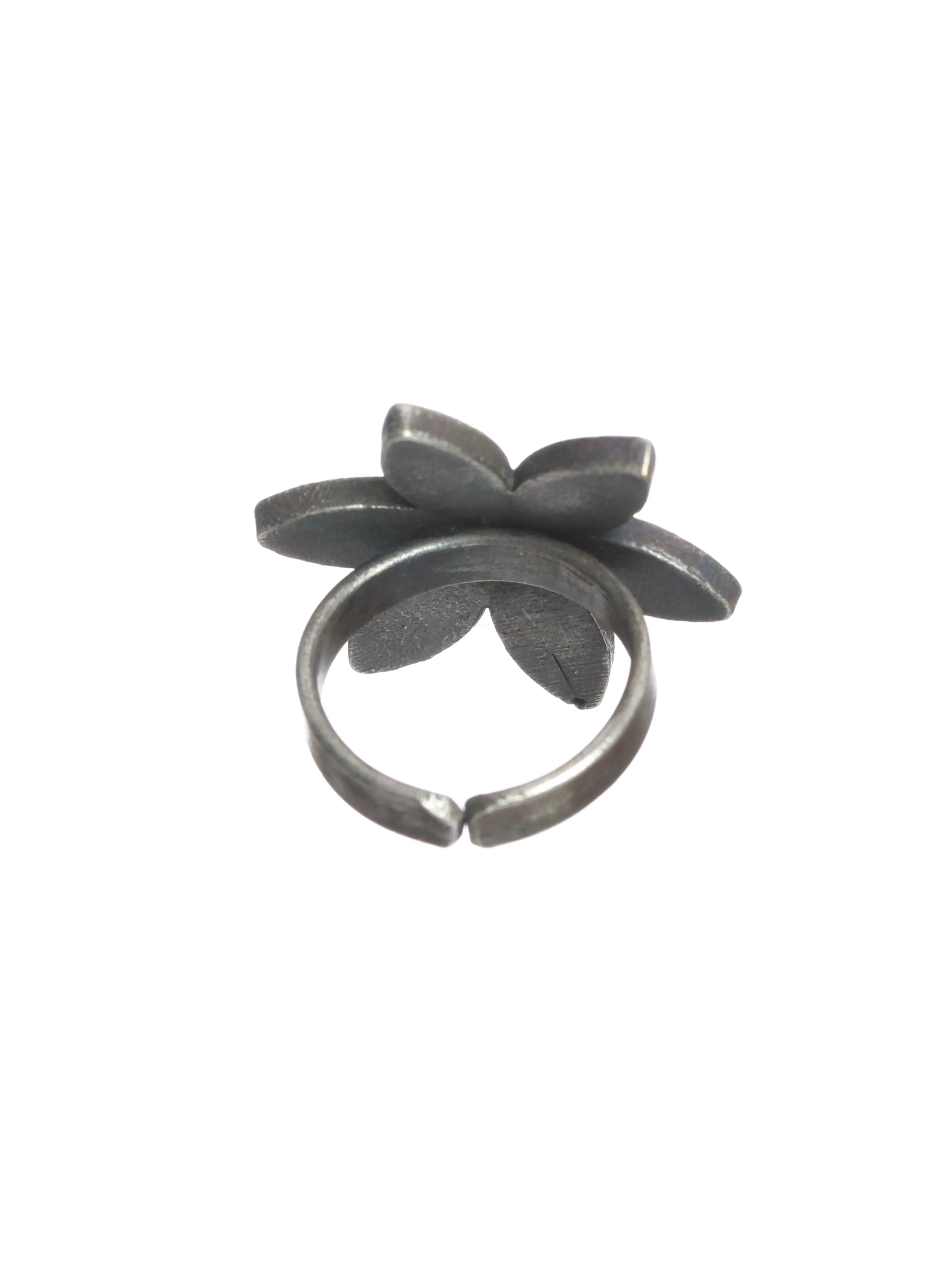 Oxidised Floral-Shaped Silver-Plated Adjustable Finger Ring