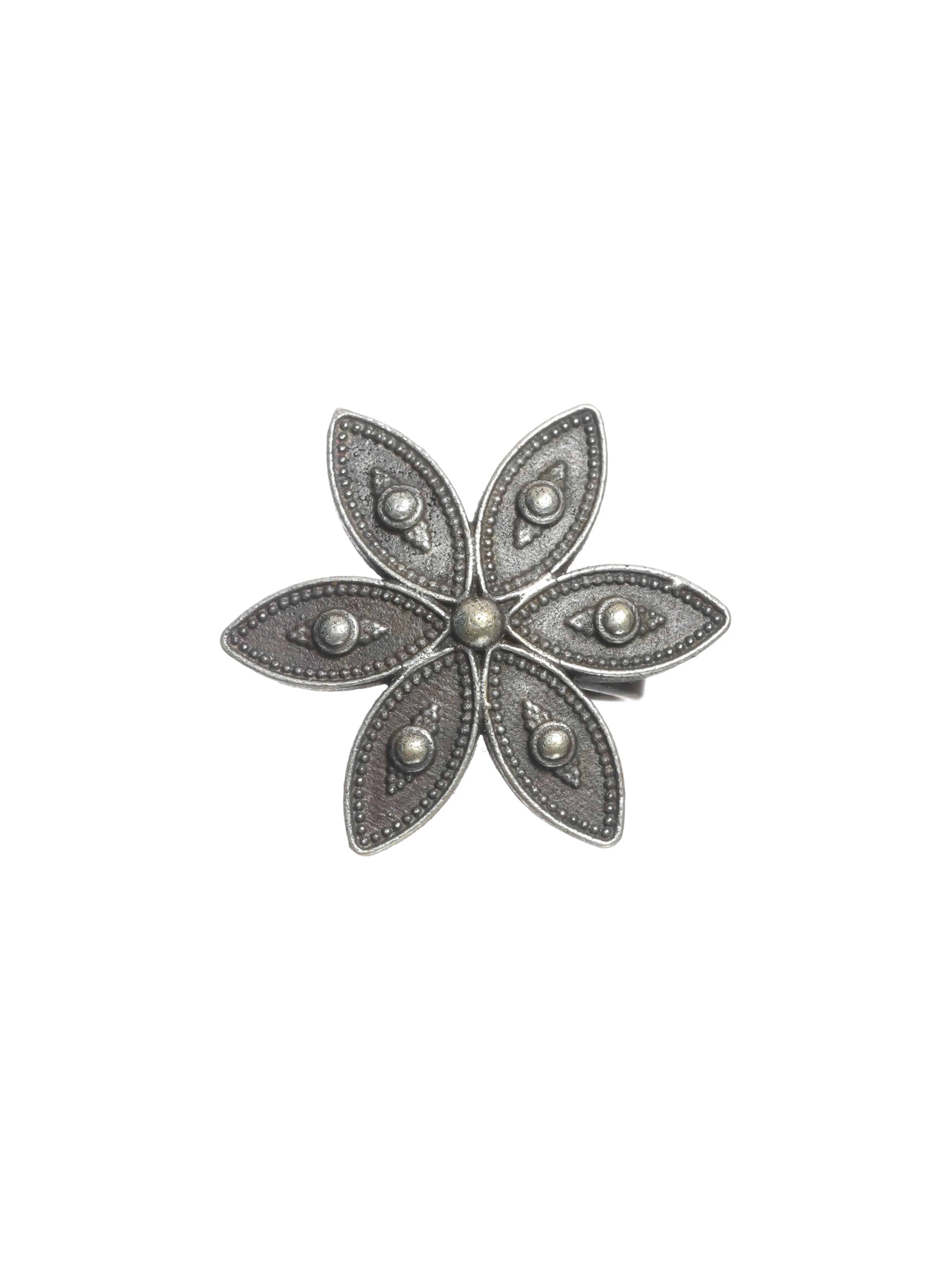 Oxidised Floral-Shaped Silver-Plated Adjustable Finger Ring