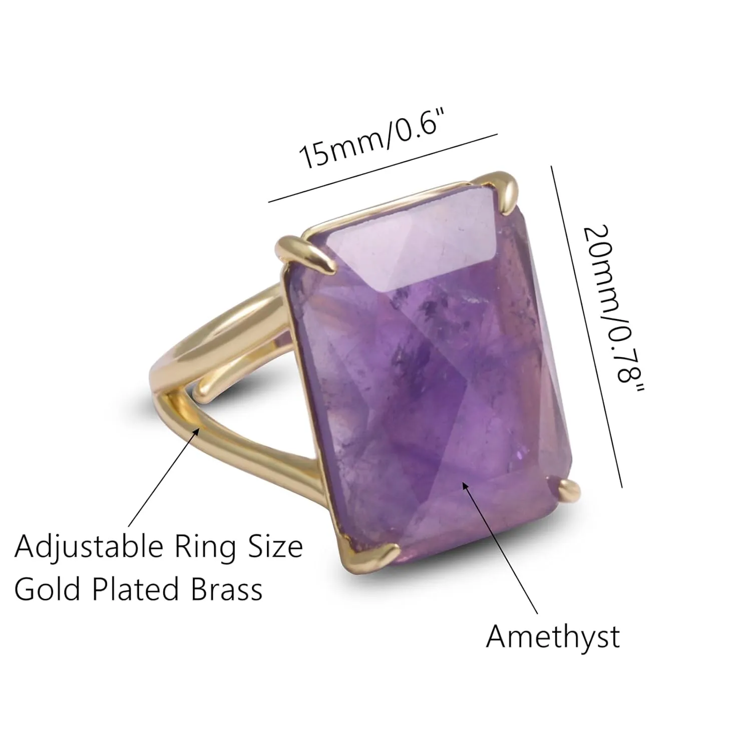 Purple Amethyst Ring, Rectangle Amethyst Jewelry Ring for Women, Handmade Adjustable Gold Crystal Ring for Amethyst Jewelry, February Birthstone Ring for Her. (amethyst)