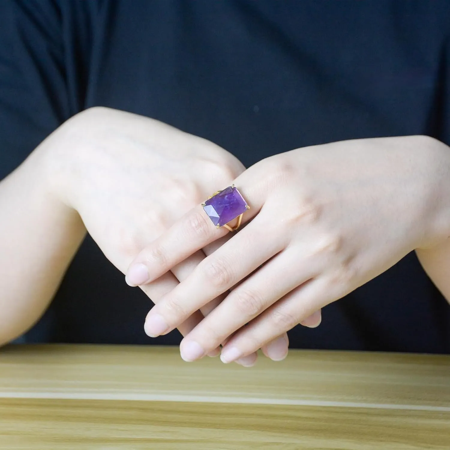 Purple Amethyst Ring, Rectangle Amethyst Jewelry Ring for Women, Handmade Adjustable Gold Crystal Ring for Amethyst Jewelry, February Birthstone Ring for Her. (amethyst)
