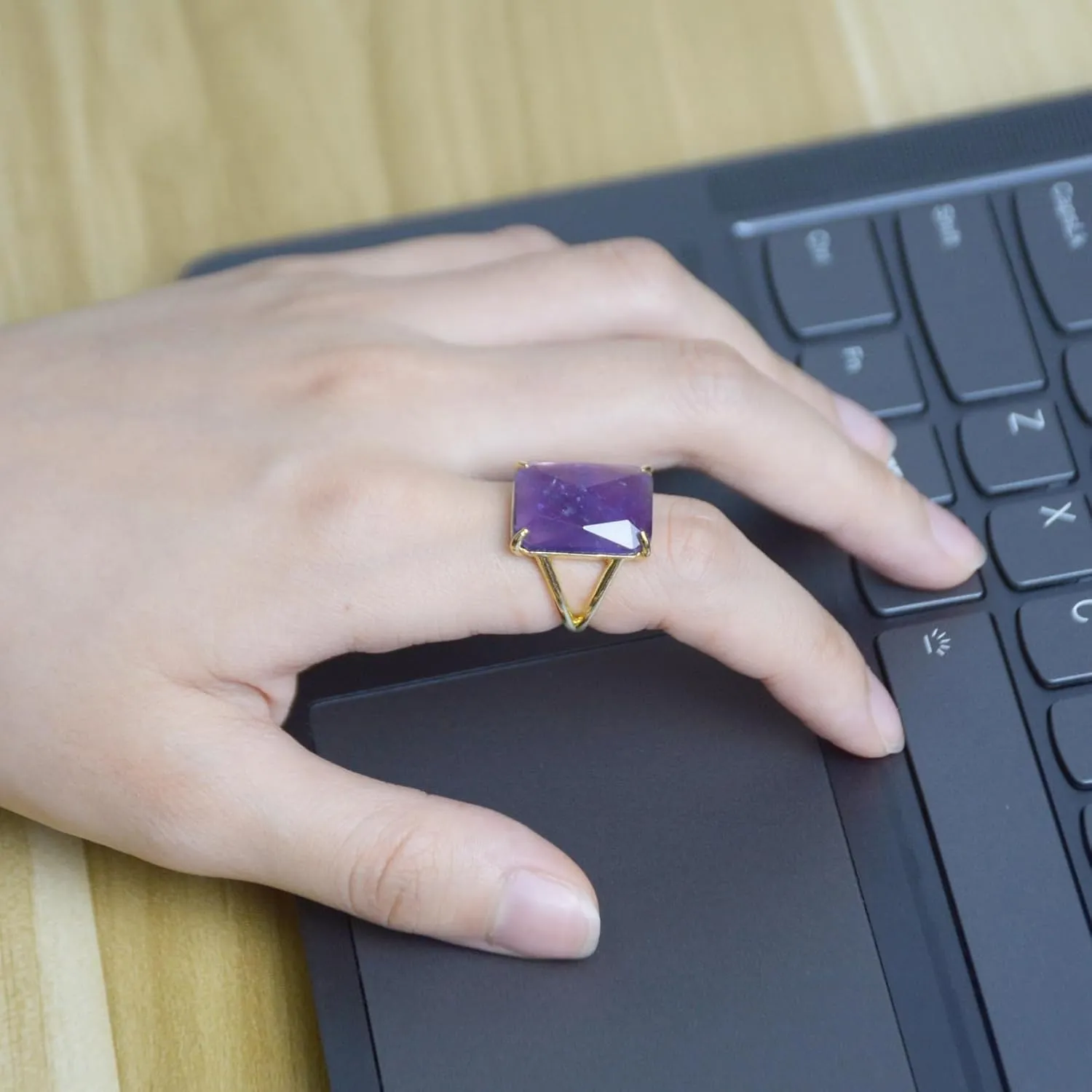 Purple Amethyst Ring, Rectangle Amethyst Jewelry Ring for Women, Handmade Adjustable Gold Crystal Ring for Amethyst Jewelry, February Birthstone Ring for Her. (amethyst)
