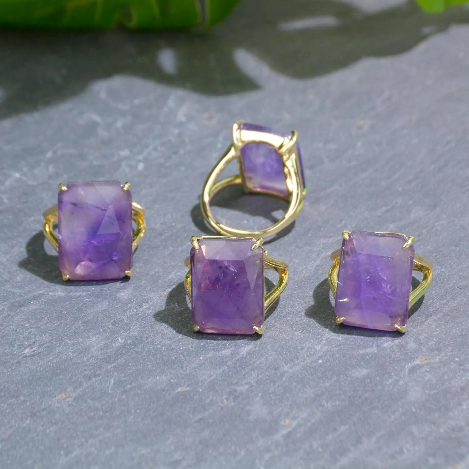 Purple Amethyst Ring, Rectangle Amethyst Jewelry Ring for Women, Handmade Adjustable Gold Crystal Ring for Amethyst Jewelry, February Birthstone Ring for Her. (amethyst)