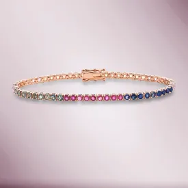 Ready to Ship Multicolor Rainbow Sapphire Tennis Bracelet (9.10 ct.) 4-Prongs Setting in 14K Gold