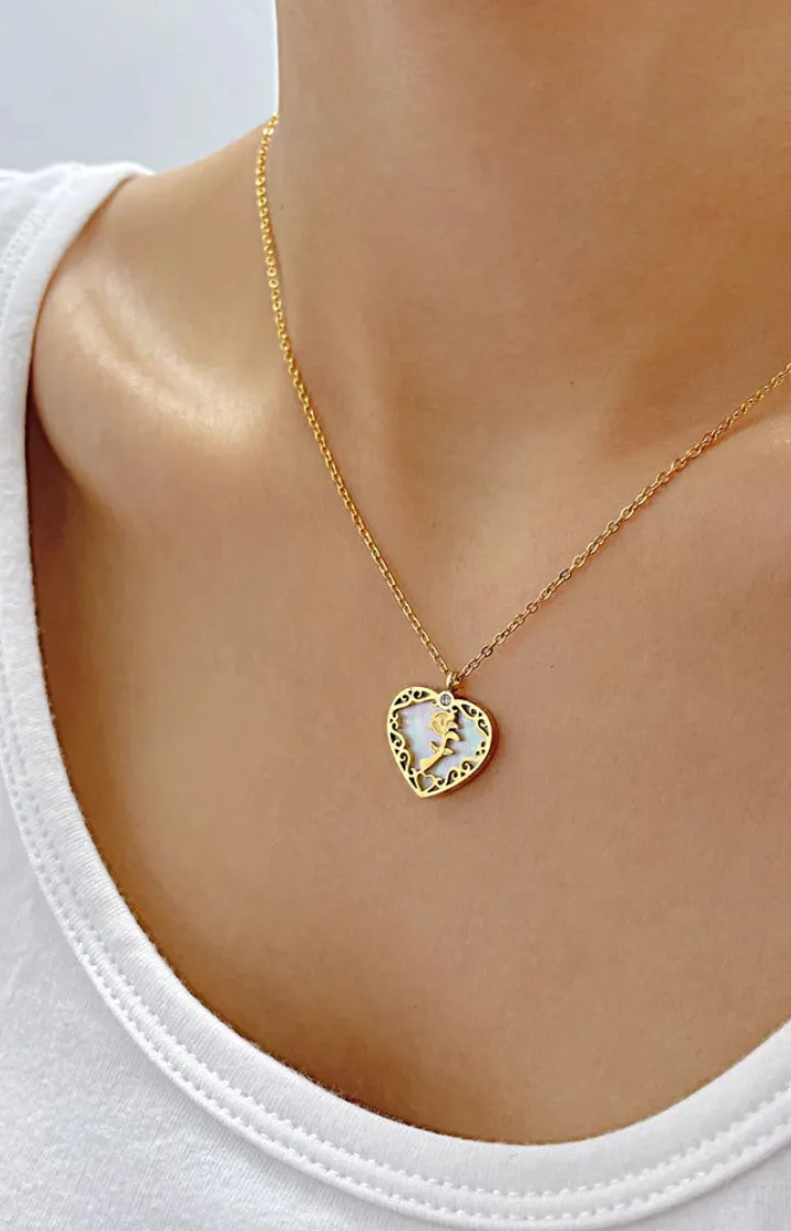 Rose Heart with Mother Pearl Pendant Chain Necklace