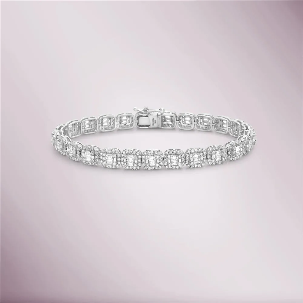 Round & Baguette Diamond Halo Rectangular Shape Tennis Bracelet ( 5.00 ct.) in 14k Gold