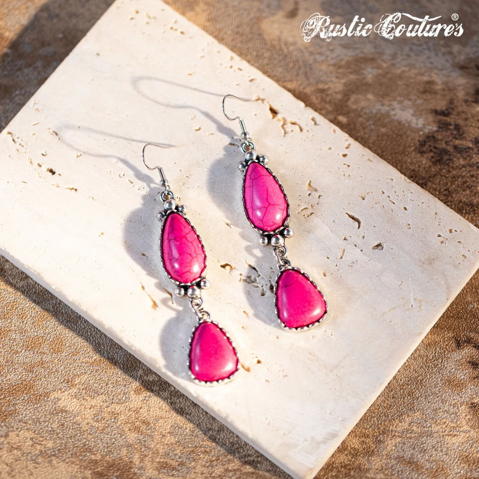 Rustic Couture's Teardrop Triangle Natural Stone Silver Base Dangling Earring