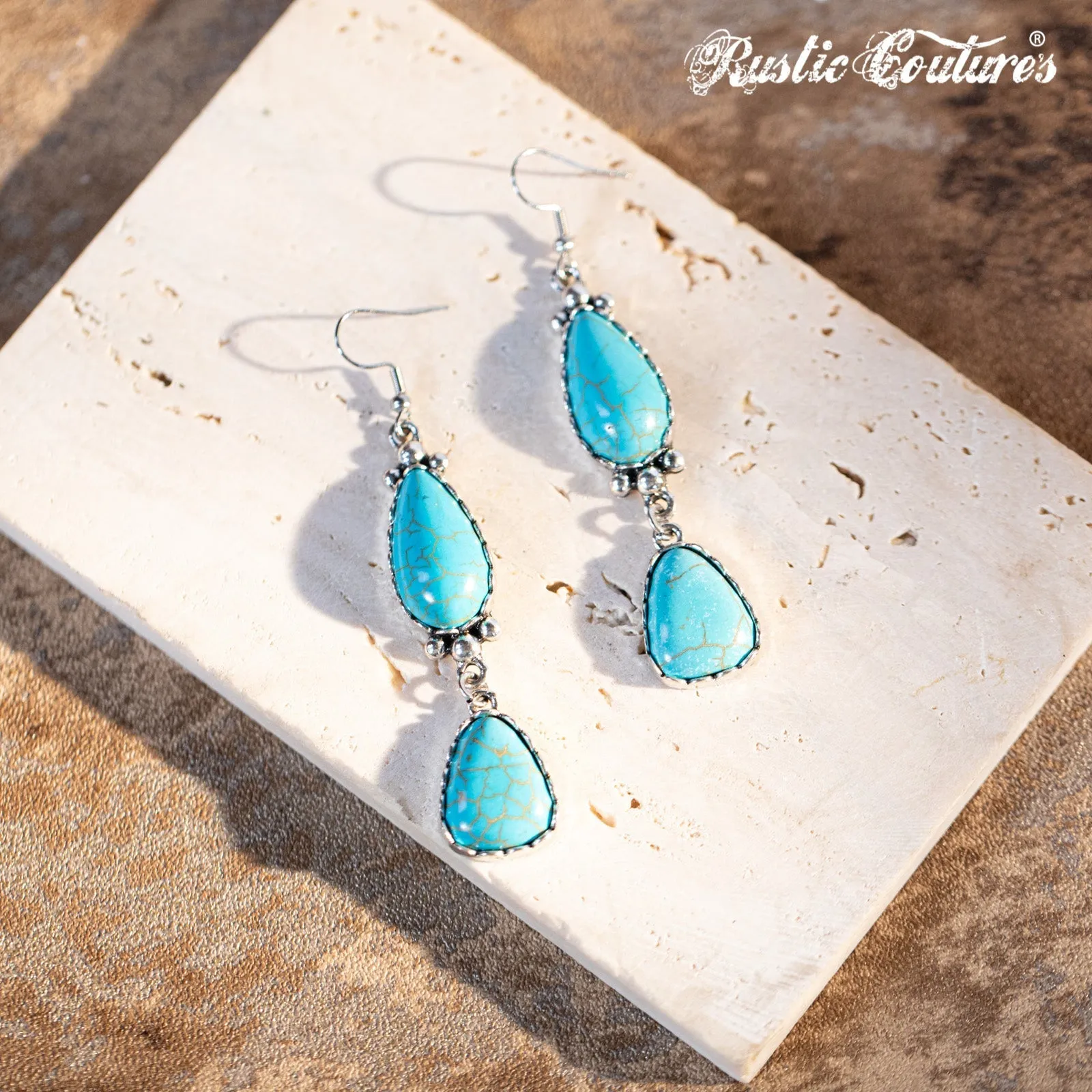Rustic Couture's Teardrop Triangle Natural Stone Silver Base Dangling Earring