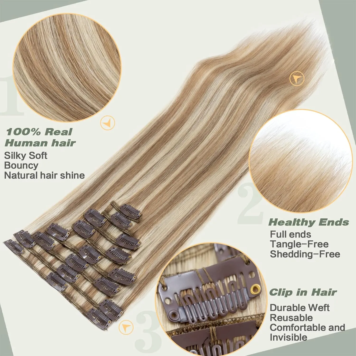 S-noilite Clip in Hair Extensions Human Hair Balayage Standard Weft Short Blonde Hair 100% Real Human Hair 8 Pieces 18 Clips Straight 10"-75g Light Golden Brown/Bleach Blonde (#12/613)