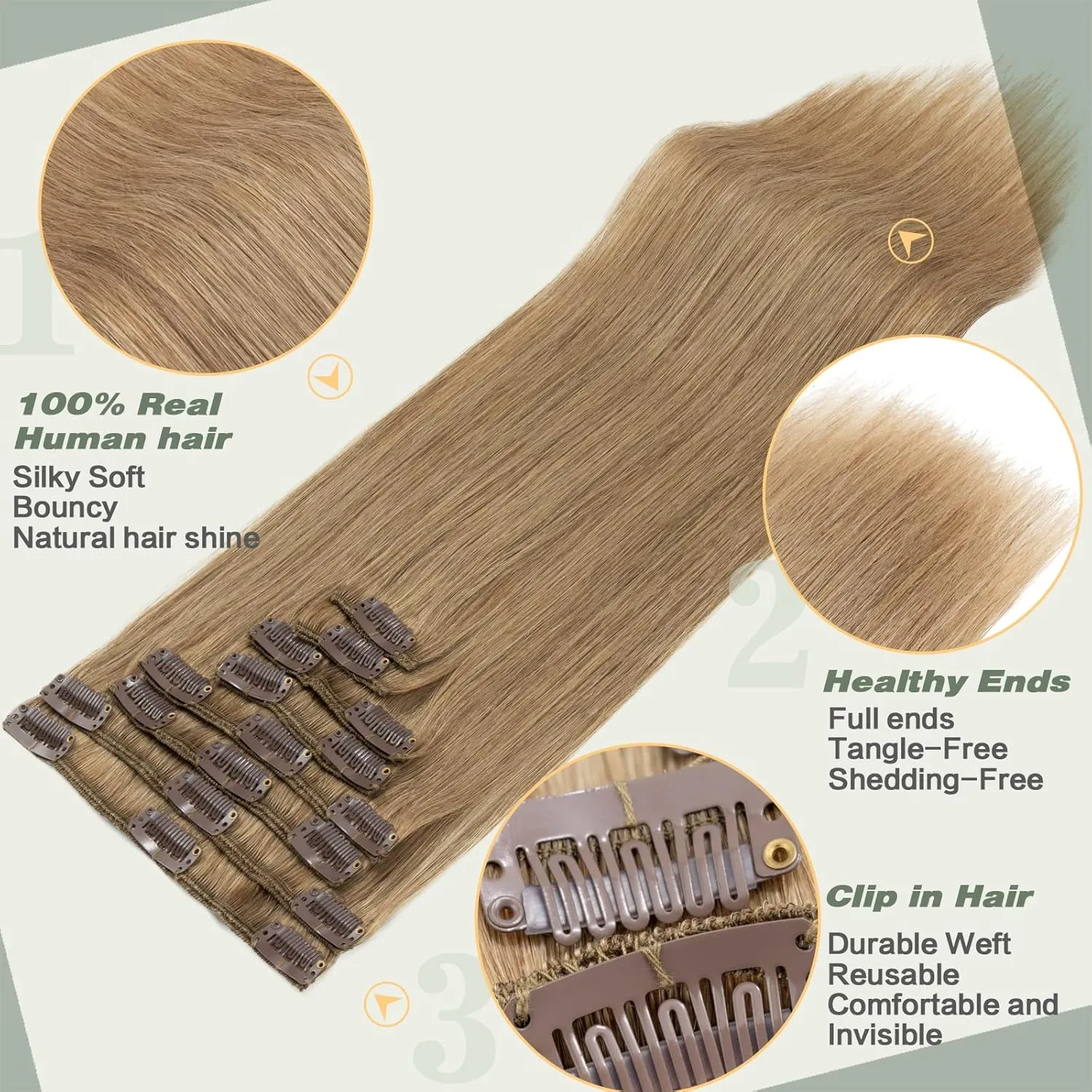 S-noilite Clip in Remy Human Hair Extensions Full Head Long length Soft Real Silky Straight for Beauty 8 Pieces/Set 16 Inch-90g #27 Dark Blonde