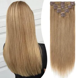 S-noilite Clip in Remy Human Hair Extensions Full Head Long length Soft Real Silky Straight for Beauty 8 Pieces/Set 16 Inch-90g #27 Dark Blonde