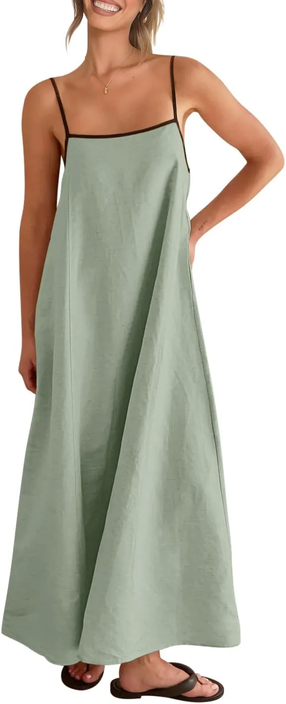 Shy Velvet Women's 2025 Summer Linen Maxi Dress Contrast Spaghetti Strap Dress Backless Sleeveless Casual Party Beach Dresses