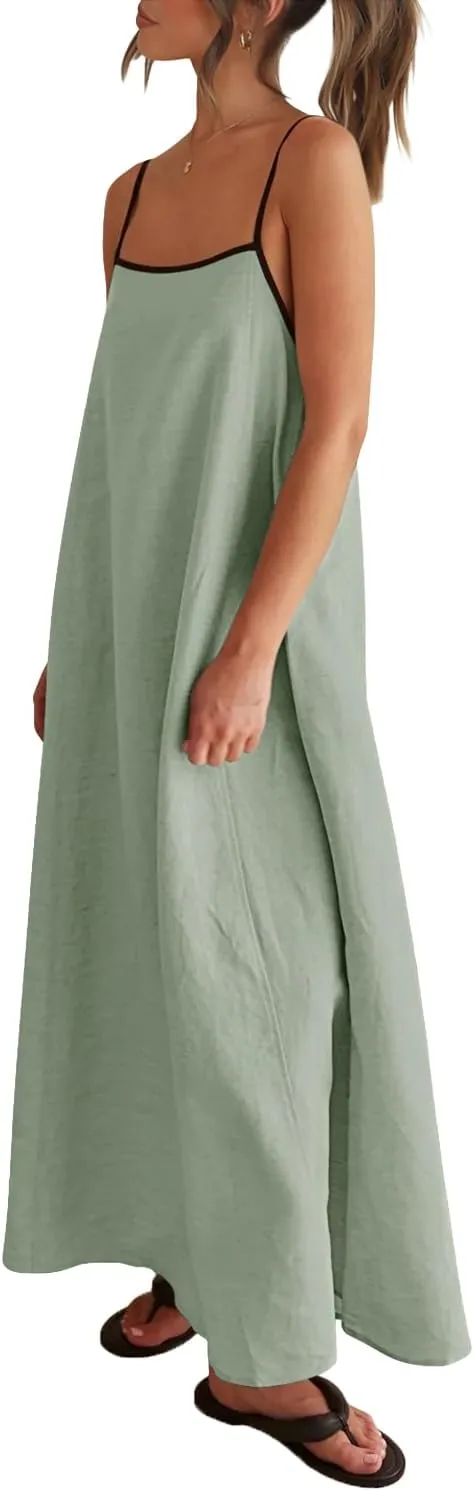Shy Velvet Women's 2025 Summer Linen Maxi Dress Contrast Spaghetti Strap Dress Backless Sleeveless Casual Party Beach Dresses