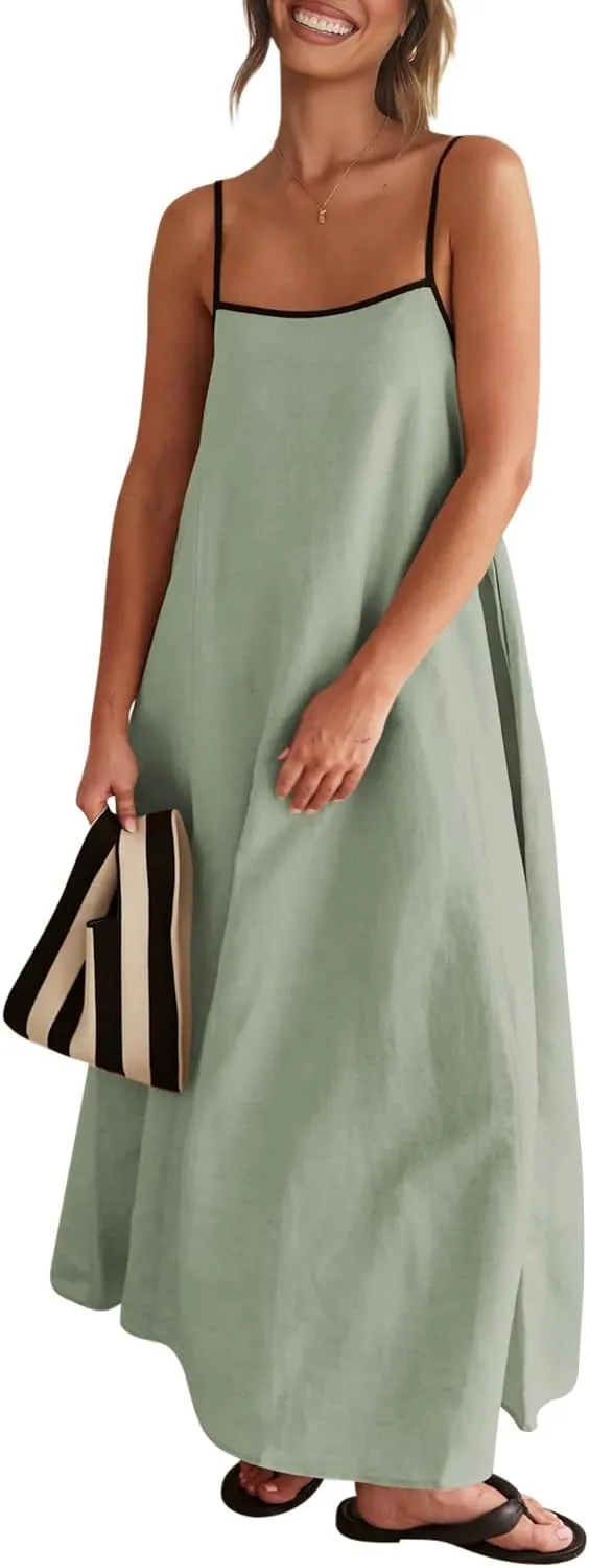 Shy Velvet Women's 2025 Summer Linen Maxi Dress Contrast Spaghetti Strap Dress Backless Sleeveless Casual Party Beach Dresses