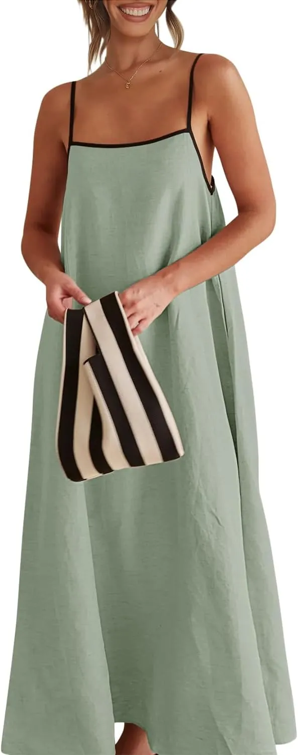 Shy Velvet Women's 2025 Summer Linen Maxi Dress Contrast Spaghetti Strap Dress Backless Sleeveless Casual Party Beach Dresses