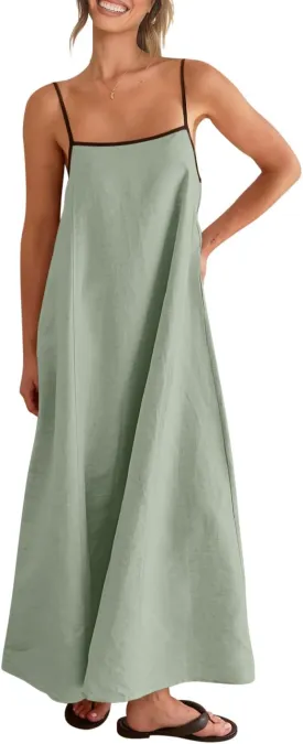 Shy Velvet Women's 2025 Summer Linen Maxi Dress Contrast Spaghetti Strap Dress Backless Sleeveless Casual Party Beach Dresses
