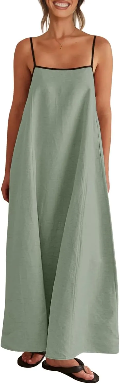 Shy Velvet Women's 2025 Summer Linen Maxi Dress Contrast Spaghetti Strap Dress Backless Sleeveless Casual Party Beach Dresses