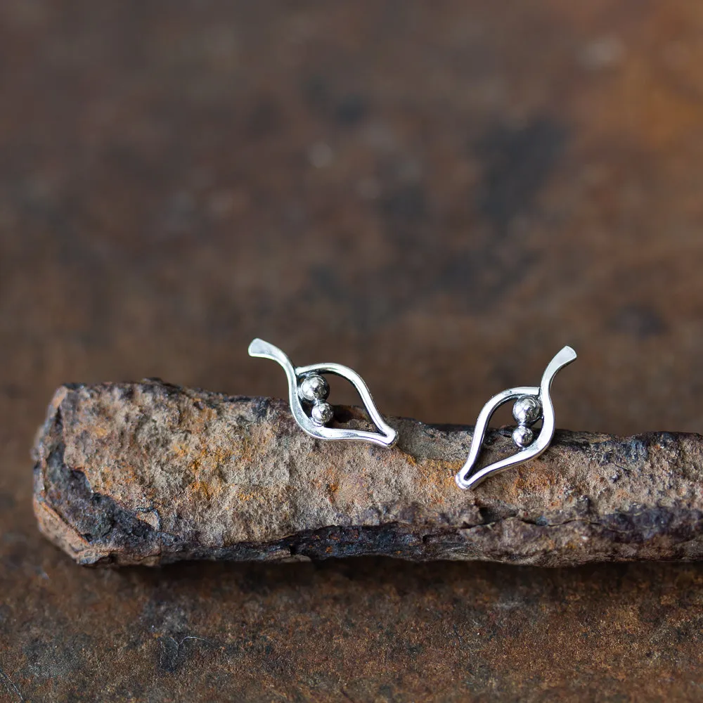Silver Leaf Studs, Outline With Two Beads