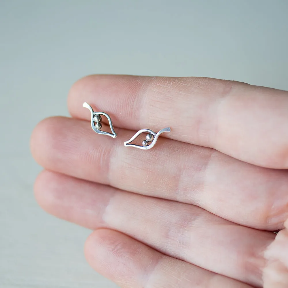 Silver Leaf Studs, Outline With Two Beads