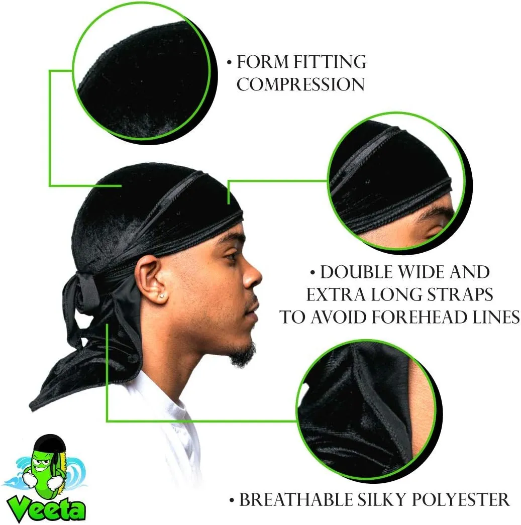 Veeta Superior Velvet Durag - Soft Velvet Durags for Men & Women, Long Double Wide Straps, Silky Durag Liner, Triple Stitched