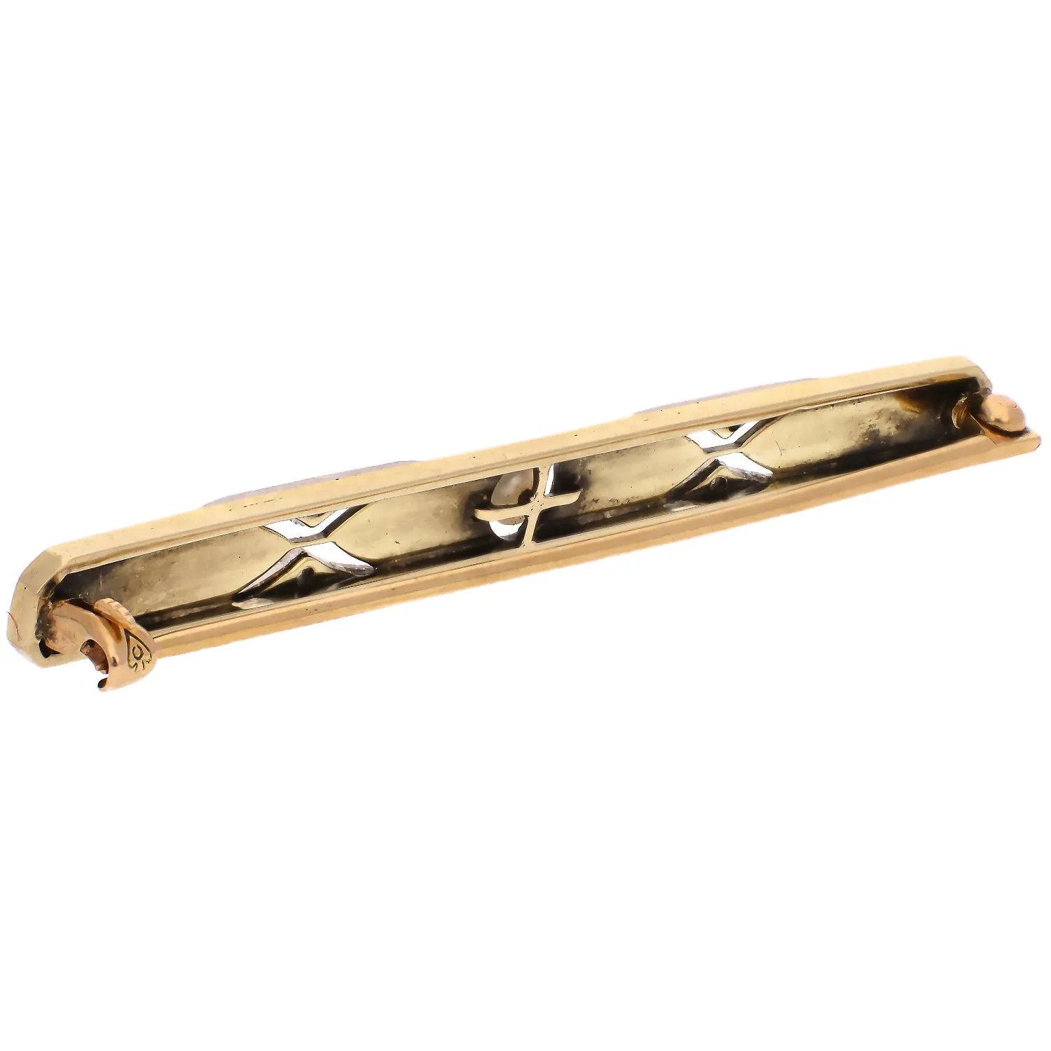 Vintage 14K Yellow Gold Enamel Diamond and Pearl Pin