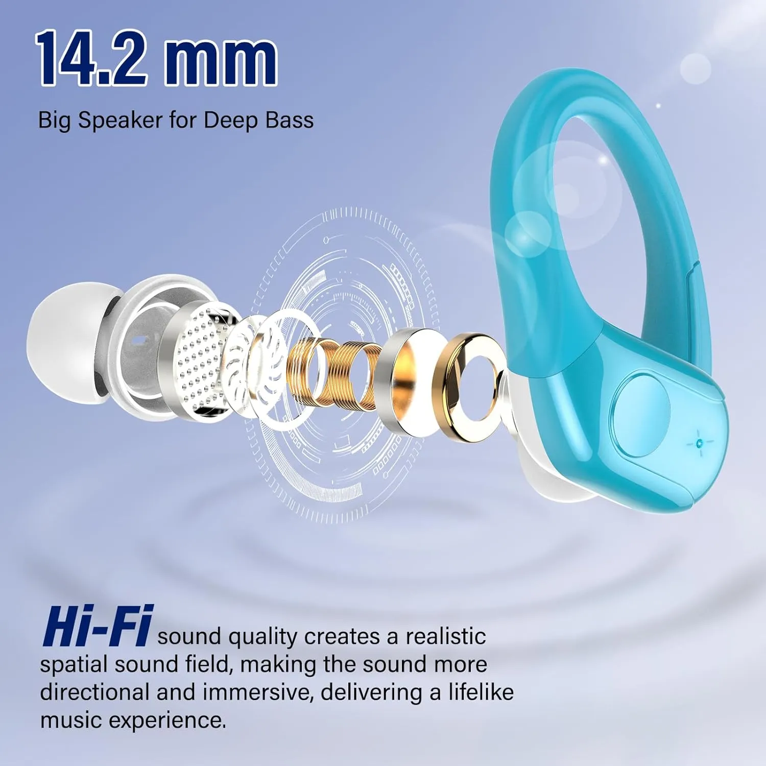 Wireless Earbuds Bluetooth 5.4 Headphones 75H Stereo Deep Bass Sports Over Ear Buds with Earhooks, LED Display Bluetooth Earbuds with 4 ENC Mic, IP7 Waterproof Earphone for Running, Blue