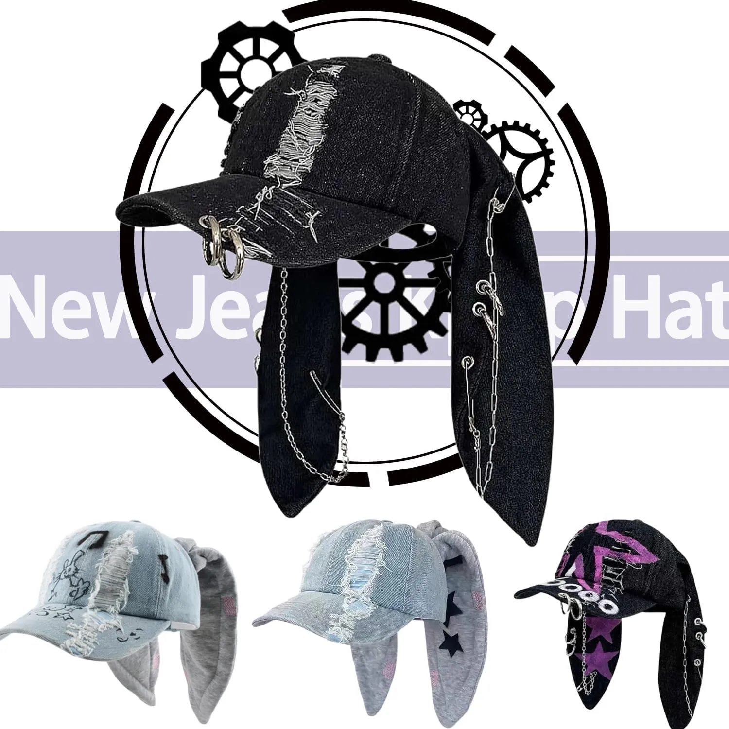 Y2k Hat Punk Hat Denim Bunny Hat Chains Distressed Baseball Cap Kpop Outfits Y2k Grunge Hat for Women