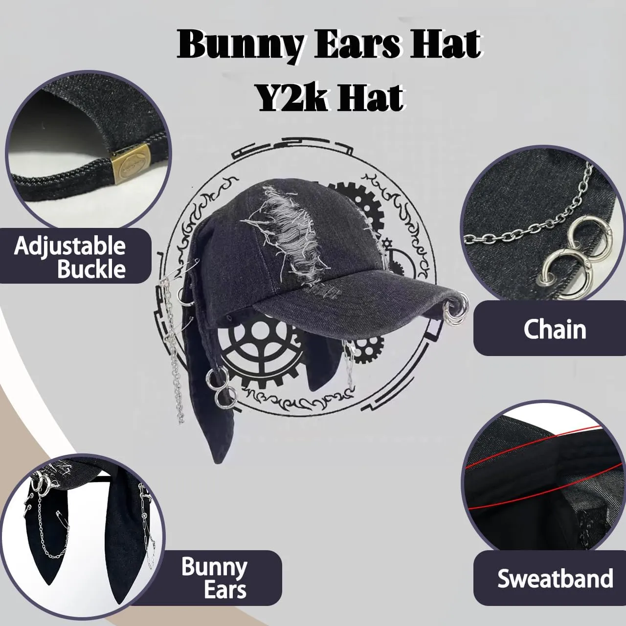 Y2k Hat Punk Hat Denim Bunny Hat Chains Distressed Baseball Cap Kpop Outfits Y2k Grunge Hat for Women