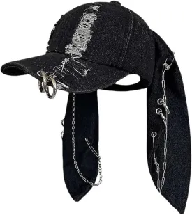 Y2k Hat Punk Hat Denim Bunny Hat Chains Distressed Baseball Cap Kpop Outfits Y2k Grunge Hat for Women