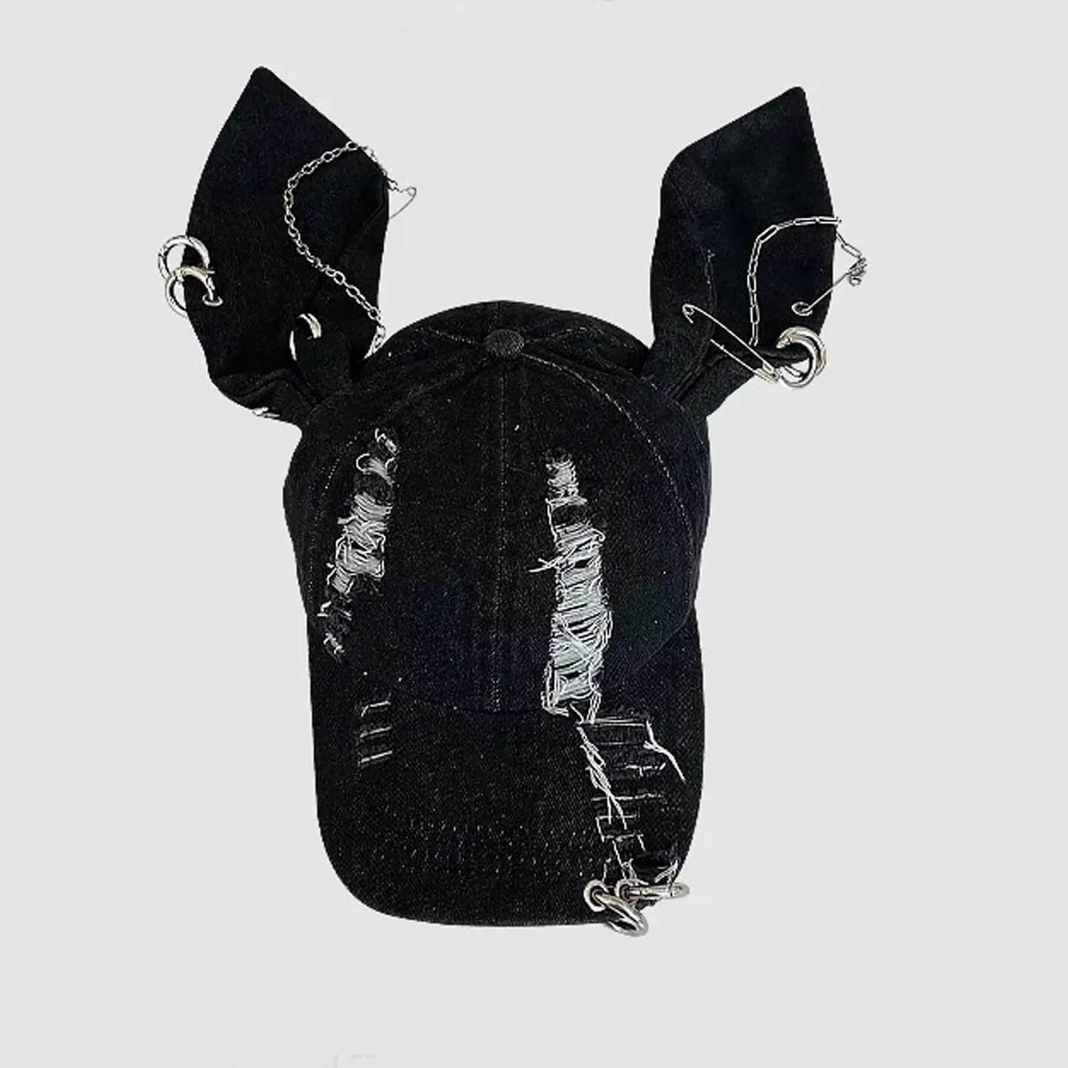 Y2k Hat Punk Hat Denim Bunny Hat Chains Distressed Baseball Cap Kpop Outfits Y2k Grunge Hat for Women