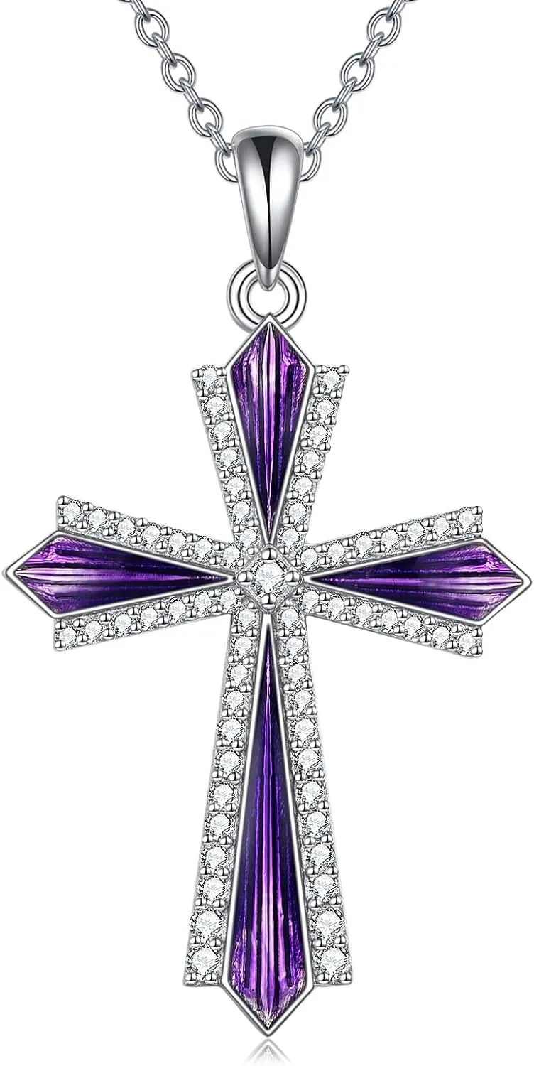 YAFEINI Cross Necklace 925 Sterling Silver Cubic Zirconia CZ Cross Crucifix Pendant Necklace Jewelry for Women Men Girls